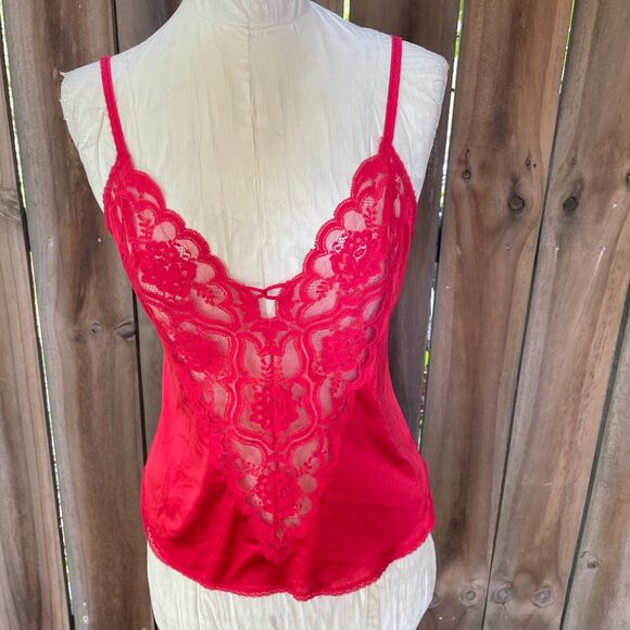 Vintage 80s VANITY FAIR CAMISOLE Red Nylon Sheer Lace Insert 34 Small - Picture 1 of 6